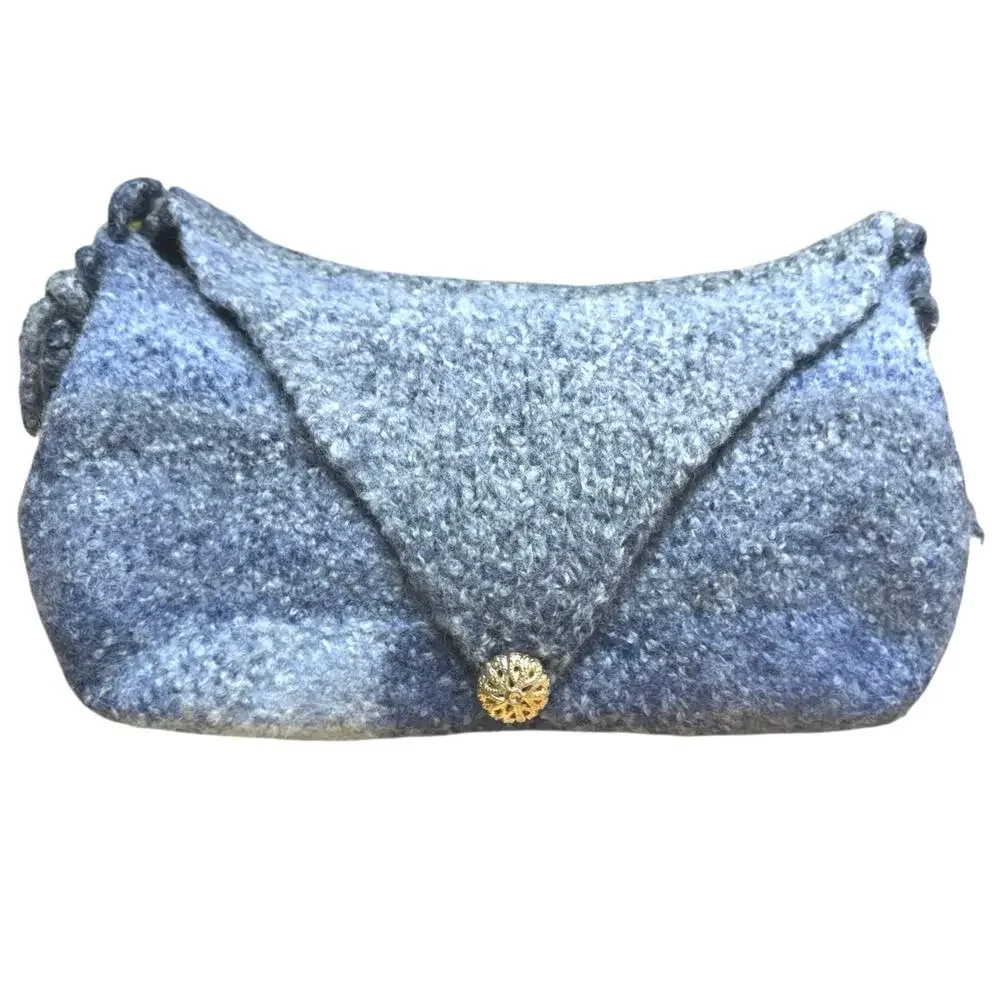 New Hand Woven Knit Shoulder Bag Variegated Blue Felted Wool Fold Over Button